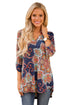 Sexy Navy Gypsy Floral Print Slight V Neck Blouse